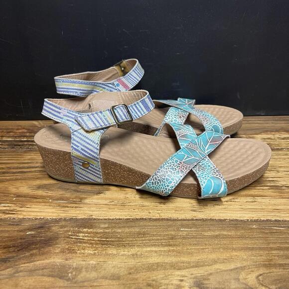 L'Artiste by Spring Step Women' Leather Vella Comfort Wedge Sandals Blue Size 41 - Picture 3 of 7